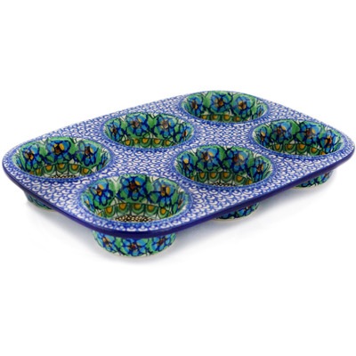 Polish Pottery Muffin Pan 11&quot; Mardi Gras UNIKAT
