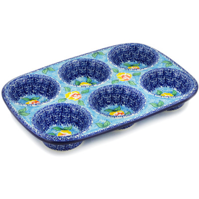 Polish Pottery Muffin Pan 11&quot; Matisse Flowers Golden UNIKAT