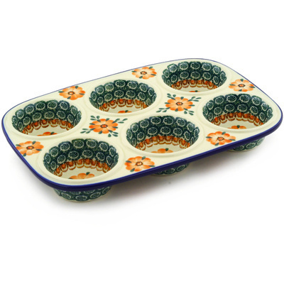 Polish Pottery Muffin Pan 11&quot; Orange Poppies