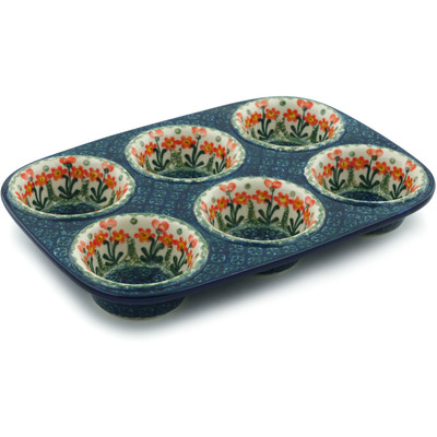 Polish Pottery Muffin Pan 11&quot; Peach Spring Daisy
