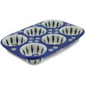 Polish Pottery Muffin Pan 11&quot; Peacock Leaves