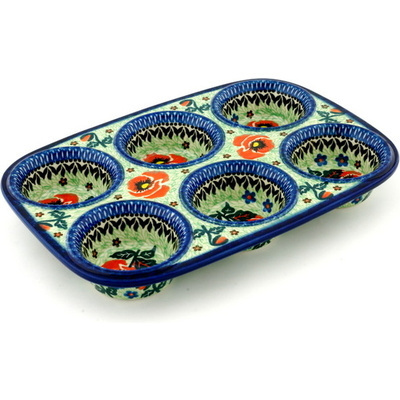 Polish Pottery Muffin Pan 11&quot; Playful Poppy UNIKAT