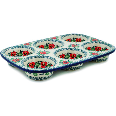 Polish Pottery Muffin Pan 11&quot; Red Pansy