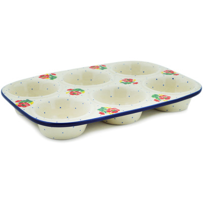 Polish Pottery Muffin Pan 11&quot; Red Poppy Chain