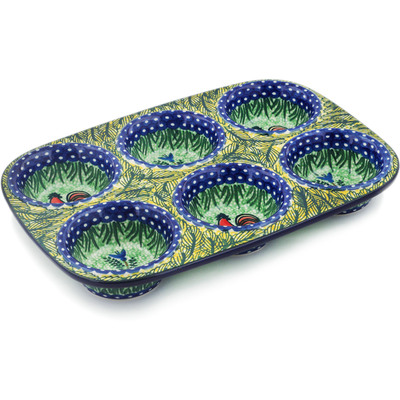 Polish Pottery Muffin Pan 11&quot; Rooster Parade UNIKAT