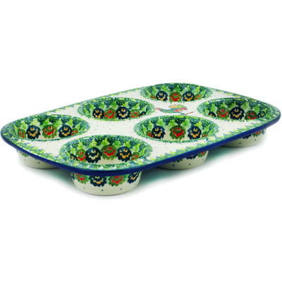 Polish Pottery Muffin Pan 11&quot; Rooster&#039;s Crow UNIKAT