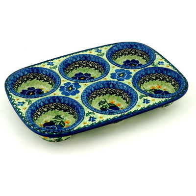 Polish Pottery Muffin Pan 11&quot; Sapphire Pansies UNIKAT
