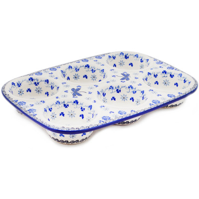 Polish Pottery Muffin Pan 11&quot; Spring Dragonfly