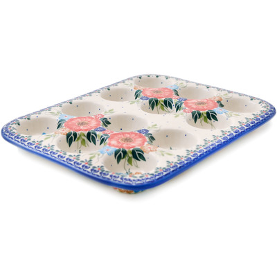 Polish Pottery Muffin Pan 11&quot; Summer Bunch