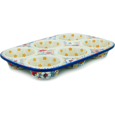 Polish Pottery Muffin Pan 11&quot; Sweet Floral Bliss UNIKAT