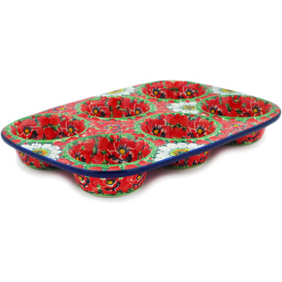 Polish Pottery Muffin Pan 11&quot; Sweet Red Petals UNIKAT
