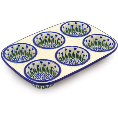 Polish Pottery Muffin Pan 11&quot; Water Tulip