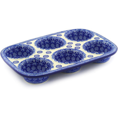Polish Pottery Muffin Pan 11&quot; Winter Frost
