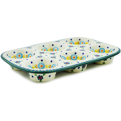 Polish Pottery Muffin Pan 13&quot; Flowers And Ladybugs