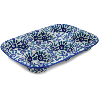 Polish Pottery Muffin Pan 13&quot; Peacock Train UNIKAT