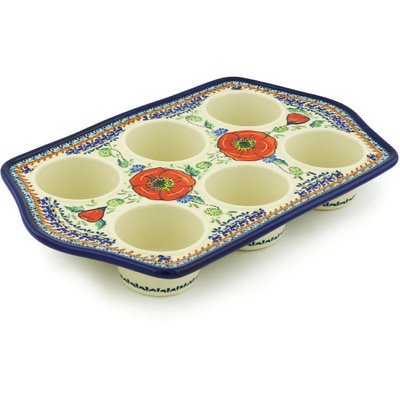 Polish Pottery Muffin Pan 14&quot; Bursts Of Red UNIKAT