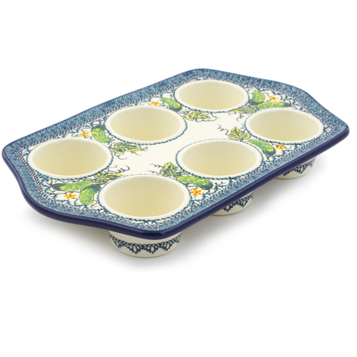 Polish Pottery Muffin Pan 14&quot; Cucumber Patch