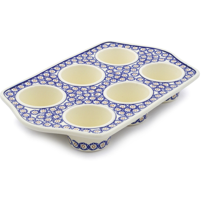 Polish Pottery Muffin Pan 14&quot; Daisy Stamps
