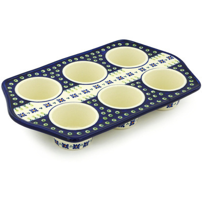 Polish Pottery Muffin Pan 14&quot; Green Gingham Peacock