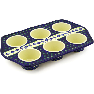 Polish Pottery Muffin Pan 14&quot; Green Gingham Peacock