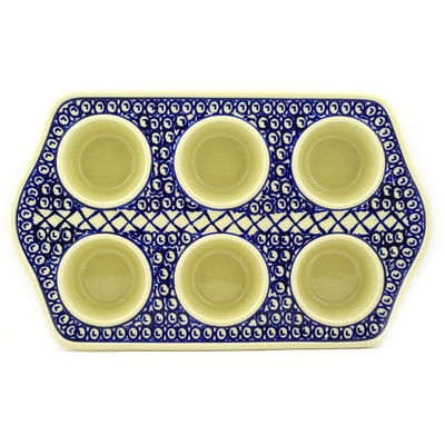 Polish Pottery Muffin Pan 14&quot; Lattice Peacock