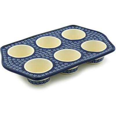 Polish Pottery Muffin Pan 14&quot; Midnight Daisies