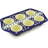 Polish Pottery Muffin Pan 14&quot; Peacock Leaves