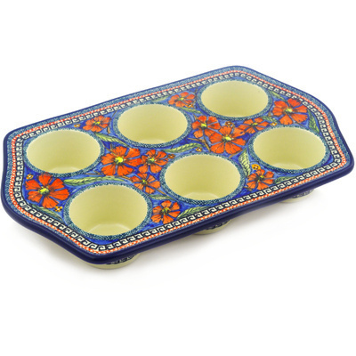 Polish Pottery Muffin Pan 14&quot; Poppies UNIKAT