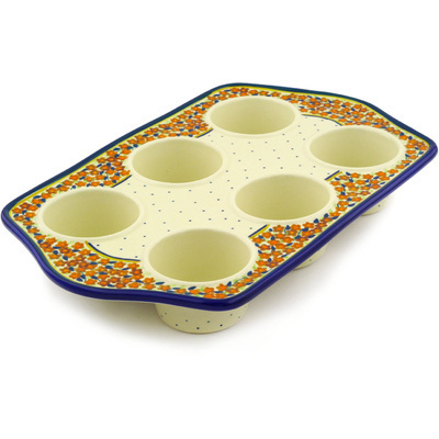Polish Pottery Muffin Pan 14&quot; Russett Floral