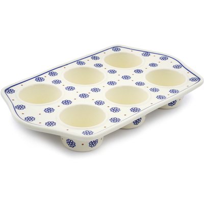 Polish Pottery Muffin Pan 14&quot; Simple Daisies