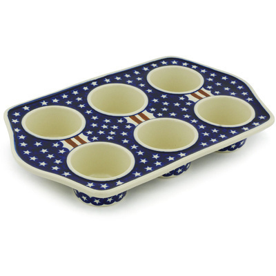 Polish Pottery Muffin Pan 14&quot; Stars And Stripes
