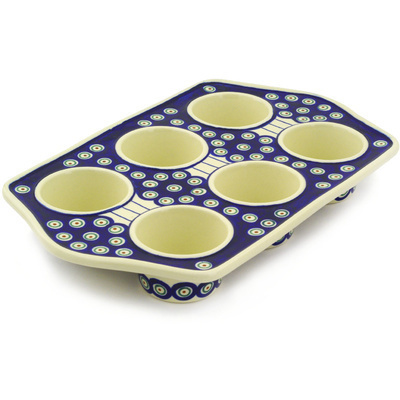Polish Pottery Muffin Pan 14&quot; Traditional Peacock