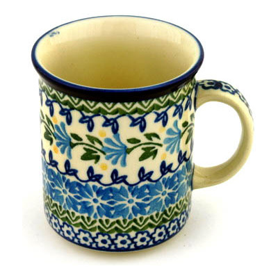 Polish Pottery Mug 10 oz Blue Fan Flowers