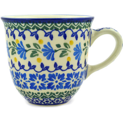 Polish Pottery Mug 10 oz Blue Fan Flowers
