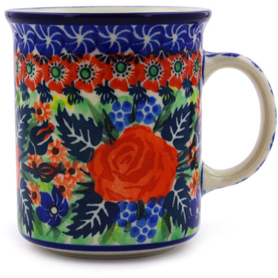 Polish Pottery Mug 10 oz Blue Ribbon Roses UNIKAT
