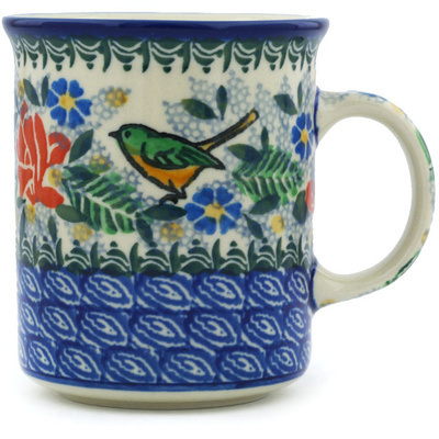 Polish Pottery Mug 10 oz Green Bird Meadow UNIKAT