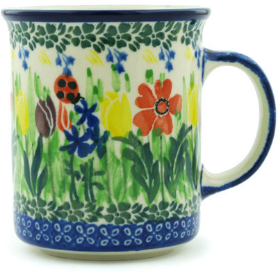 Polish Pottery Mug 10 oz Lady Bug Tulips UNIKAT