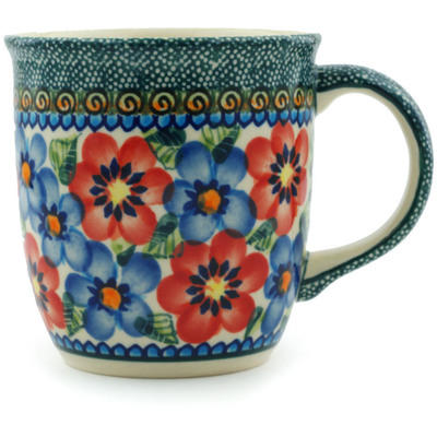Polish Pottery Mug 12 oz Blue And Red Poppies UNIKAT