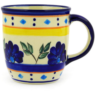Polish Pottery Mug 12 oz Blue Diamond Flowers