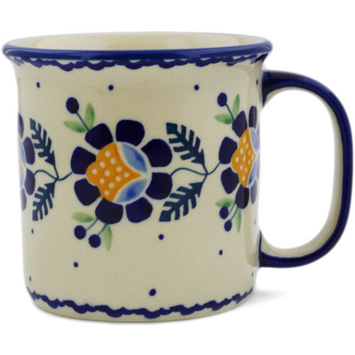 Polish Pottery Mug 12 oz Orange And Blue Flower
