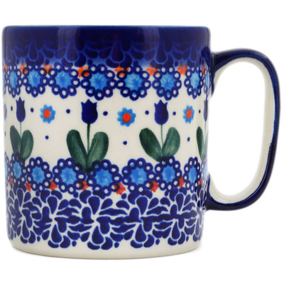Polish Pottery Mug 13 oz Blue Tulip Garden UNIKAT