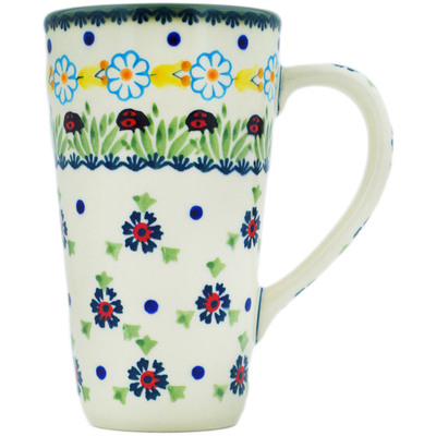 Polish Pottery Mug 13 oz Flowers And Ladybugs