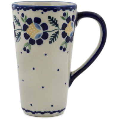 Polish Pottery Mug 13 oz Orange And Blue Flower