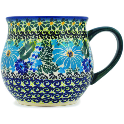 Polish Pottery Mug 13 oz Soft Blue Petals UNIKAT