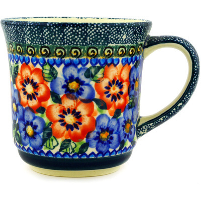Polish Pottery Mug 14 oz Blue And Red Poppies UNIKAT