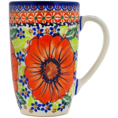 Polish Pottery Mug 14 oz Orange Zinnia UNIKAT