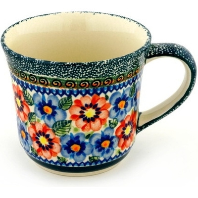 Polish Pottery Mug 17 oz Blue And Red Poppies UNIKAT