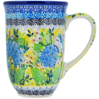 Polish Pottery Mug 19 oz Blue Hydrangea UNIKAT