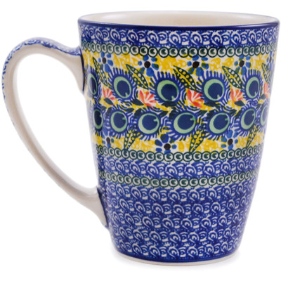 Polish Pottery Mug 22 oz Yellow Peacock Flowers UNIKAT