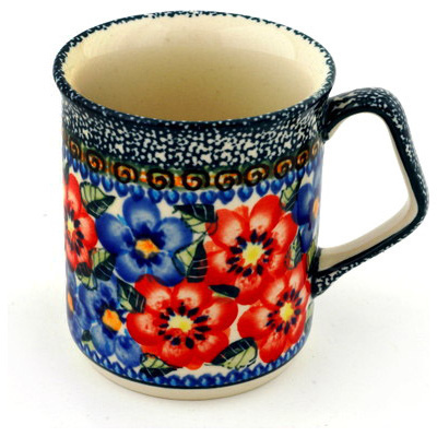 Polish Pottery Mug 8 oz Blue And Red Poppies UNIKAT